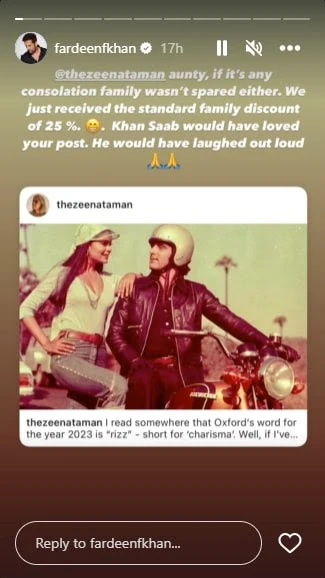 Fardeen khan responds to Zeenat's post 