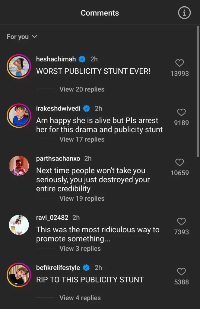 Comments on Poonam Pandey alive post 