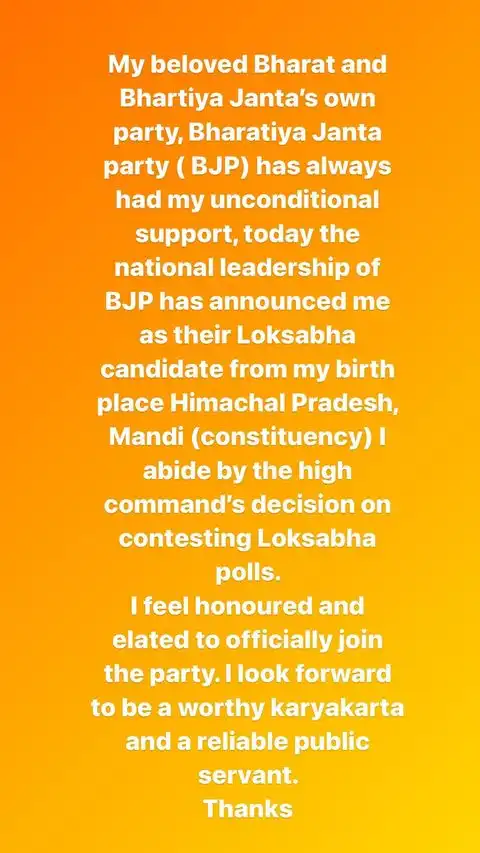 Kangana Ranaut post on bjp ticket