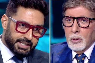 Abhishek Bachchan and Amitabh Bachchan sharing a light moment on KBC 16