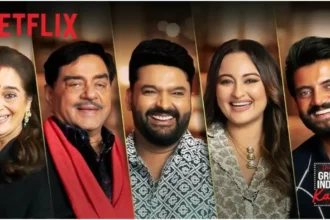 Shatrughan Sinha, Poonam Sinha, and Sonakshi Sinha laughing on The Kapil Sharma Show stage.